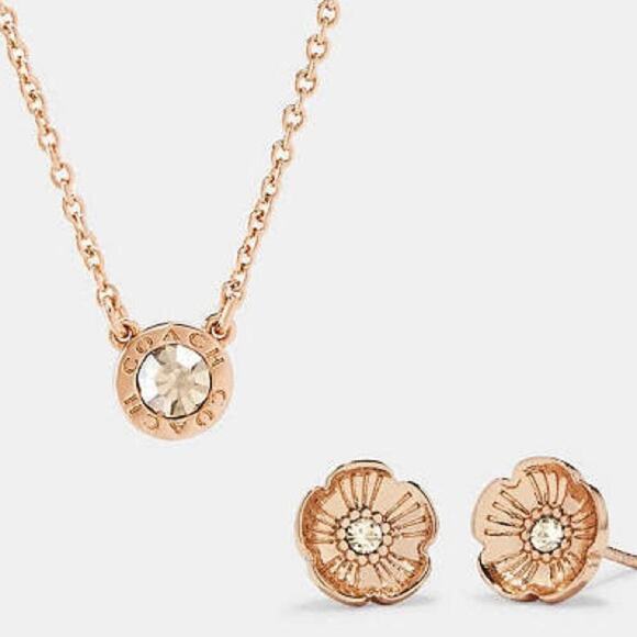 NWT * COACH Open Circle Necklace And Tea Rose Stud Earrings Set - $125. - Picture 1 of 9